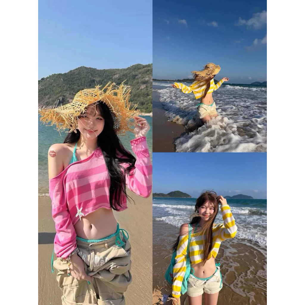 Áo Croptop Trễ Vai Dài Tay Kẻ Ngang Dáng Ngắn Form Thụng Áo Đi Biển, Áo Phối 2 Dây Đi Biển Cực Xinh
