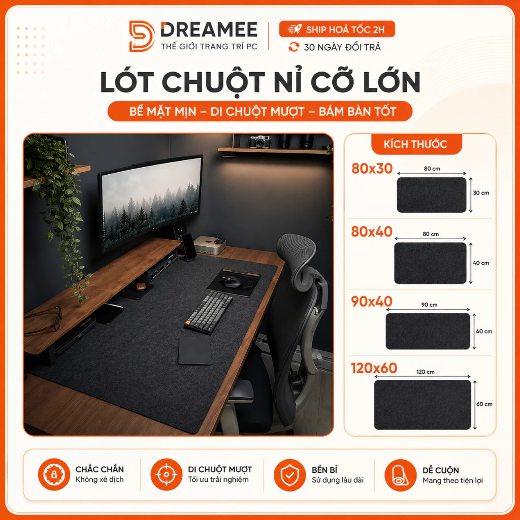 Miếng Lót Chuột Cỡ Lớn, Thảm Nỉ Trải Bàn Làm Việc, Deskpad nỉ lớn Full bàn 120x60, 100x50, 90x40, 80x30