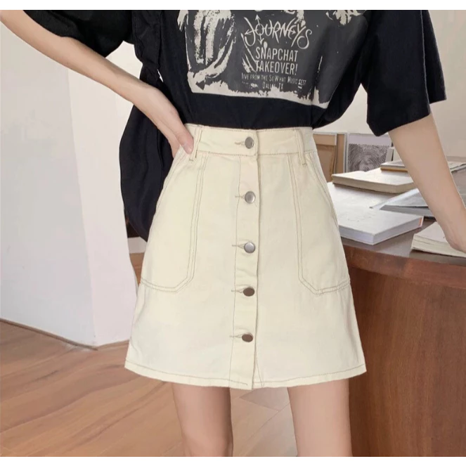Chân Váy Jean Chữ A Cài Nút Kim Loại Túi Lớn Vintage CVJ920