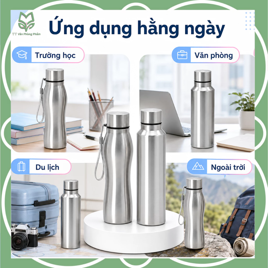 【QUAFF】Bình Nước Thể Thao Inox 304 – Dùng Cho Văn Phòng, Đi Học, Du Lịch, Có Dây Đeo