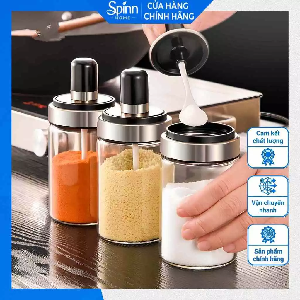 Lọ đựng gia vị thủy tinh có thìa nhấn tự động, hộp gia vị tiện lợi cho nhà bếp chống ẩm mối mọt