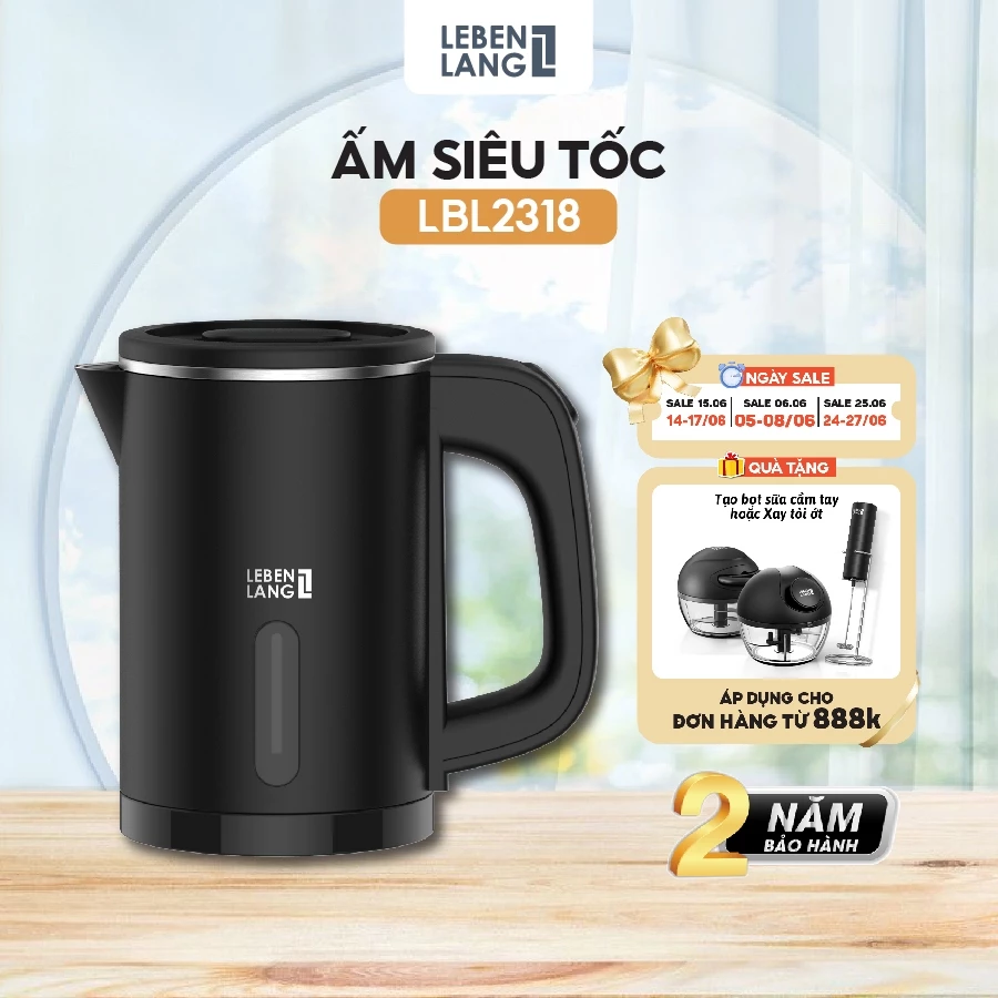 Ấm Siêu Tốc Mini Lebenlang LBL2318, 800ml, chất liệu Inox, 1000W, Tự Ngắt, Đèn Báo, Nhỏ Gọn