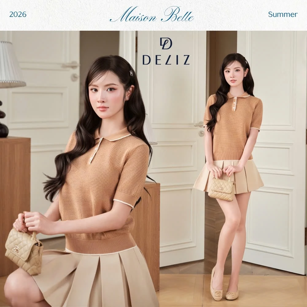 Áo len cổ polo dệt nhiều lỗ thoáng khí mỏng nhẹ phối viền màu basic phù hợp mặc mùa hè DELIZ PL306 300G