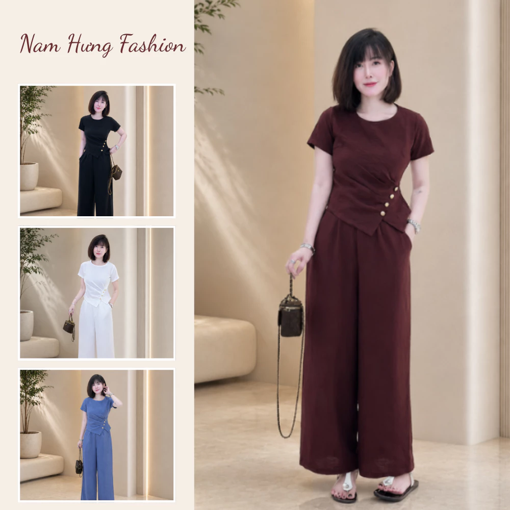 Set bộ nữ áo cách điệu đính nút phối quần ống rộng suông dài, bộ đồ nữ thanh lịch sang trọng 4 màu - Nam Hưng Fashion