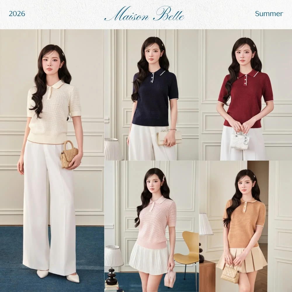 DELIZ - Áo len nữ cổ polo dệt lỗ thoáng khí mỏng nhẹ thoáng mát phong cách Hàn Quốc DELIZ PL306