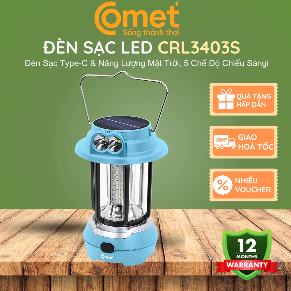 [ HỎA TỐC HCM ] Đèn Sạc LED Comet CRL3403S Tích Điện Dự Phòng, Sạc Type-C + Năng Lượng Mặt Trời, Đèn Chiếu Sáng Khẩn Cấp
