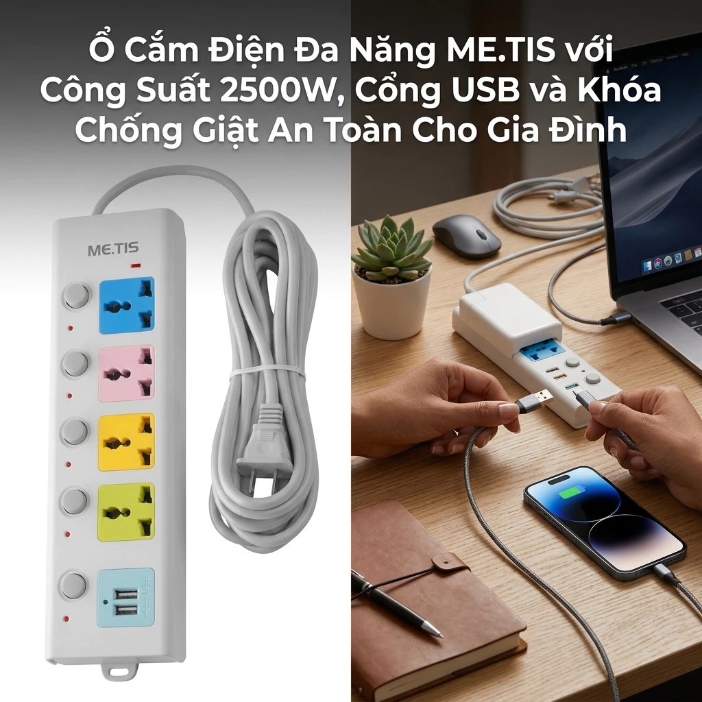 Ổ Cắm Điện Đa Năng 2000W Dây Dài 4 Mét Có USB Chống Giật Cao Cấp