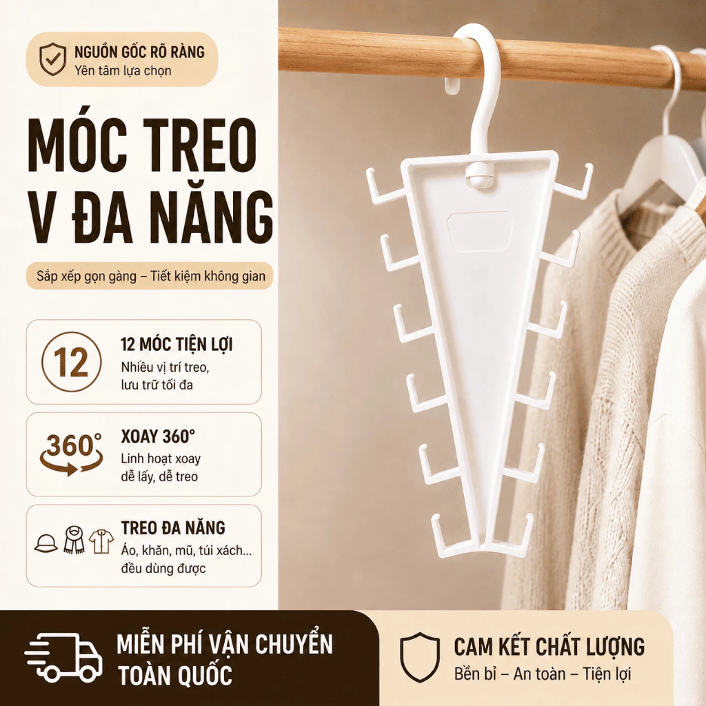 Móc Treo Đa Năng Chữ V 12 Móc, Treo Quần Áo Túi Xách Khăn Nón, Xoay 360 Độ, Nhựa ABS Dày Dặn, Tiết Kiệm Không Gian Tủ Áo