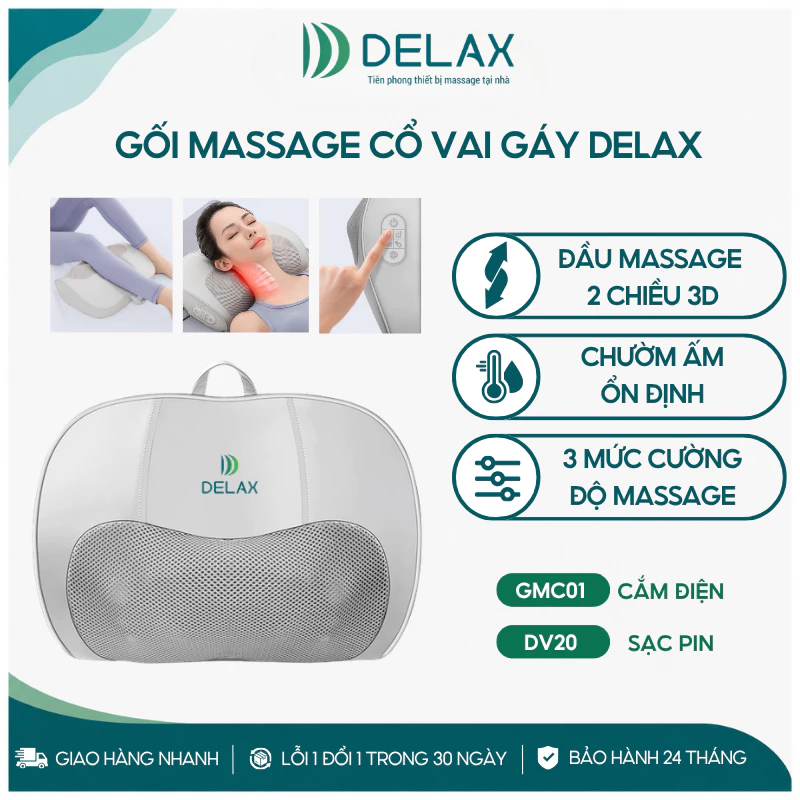 Gối Massage Cổ Vai Gáy DELAX GMC01 3D Hồng Ngoại Đảo Chiều, Massage Toàn Thân Giảm Nhức Mỏi DV20