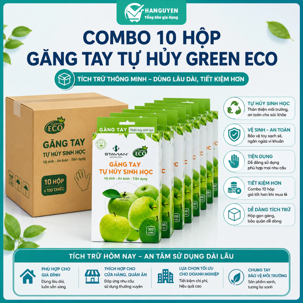 Combo sỉ 10 hộp găng tay tự hủy sinh học Green Eco đa năng, phù hợp nội trợ và chế biến thực phẩm