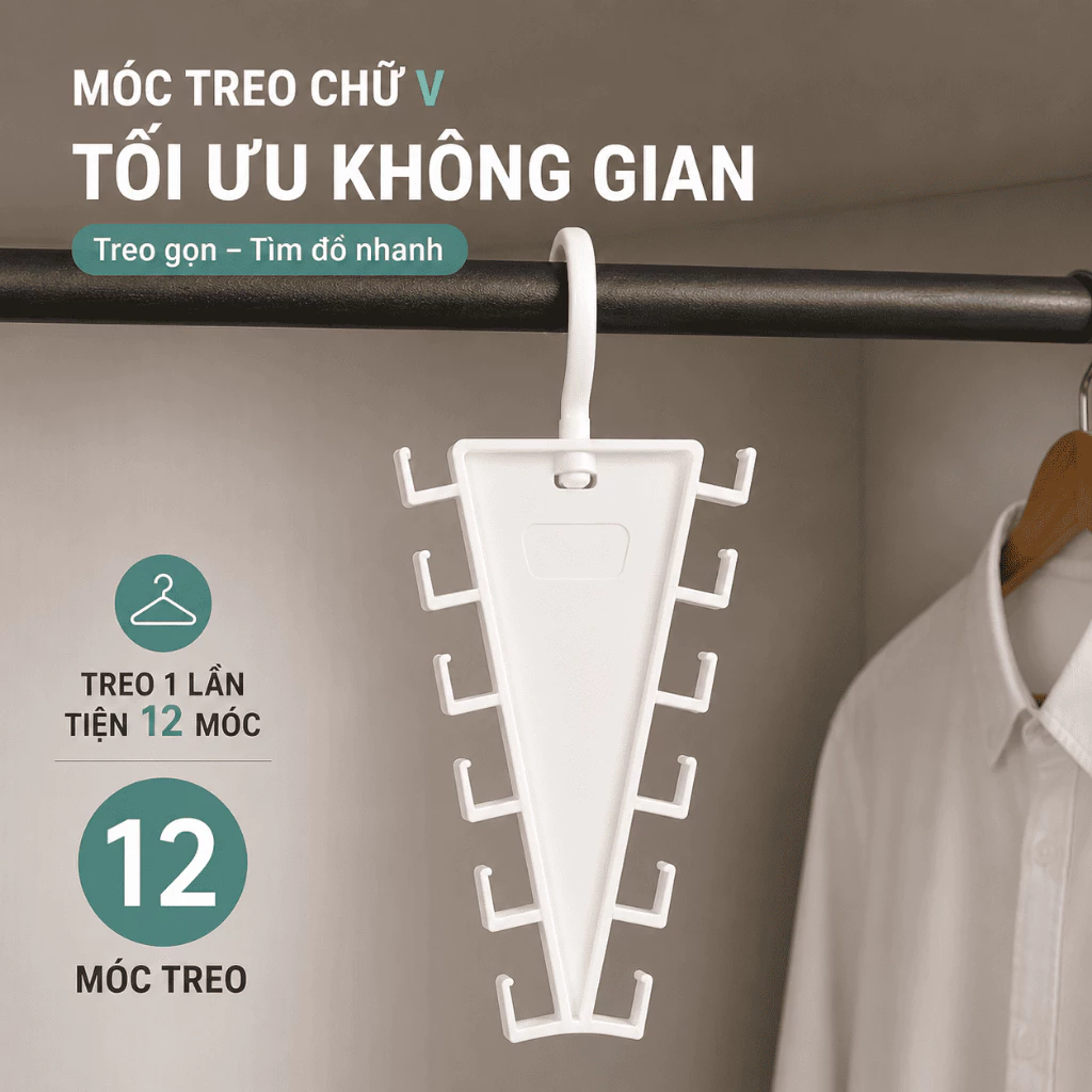 Móc Treo Tủ Quần Áo Chữ V, 12 Móc Treo Phụ Kiện, Xoay 360 Độ, Treo Nón Túi Khăn Dây Nịt, Gọn Gàng Dễ Lấy Đồ Hằng Ngày