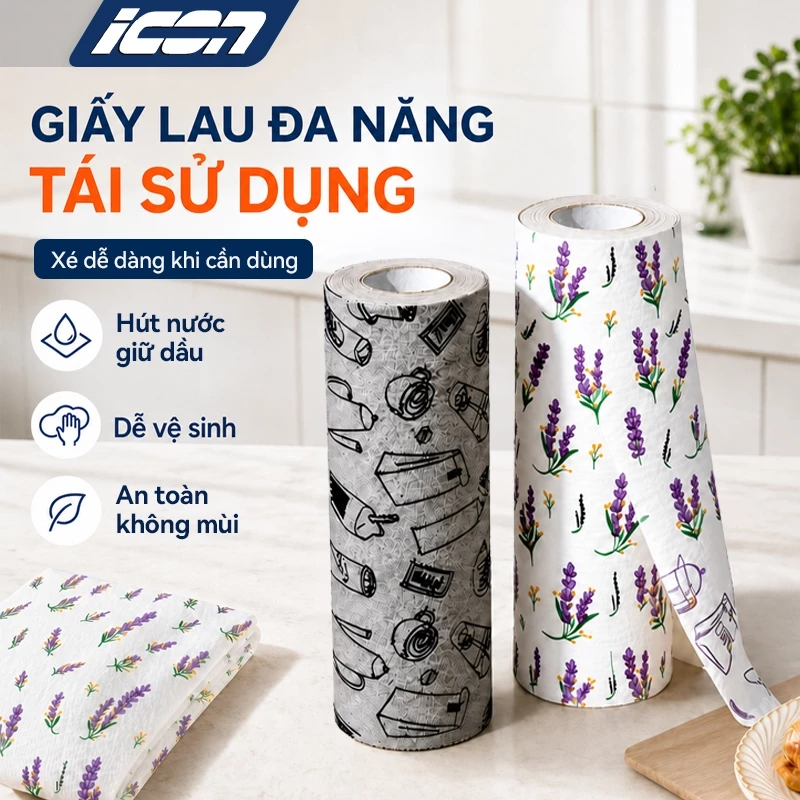 Giấy/Khăn lau bếp xé tay ICON – Dày Dặn Bền Bỉ, Không Dễ Rách, Thấm Dầu Giữ Nước, Có Thể Tái Sử Dụng