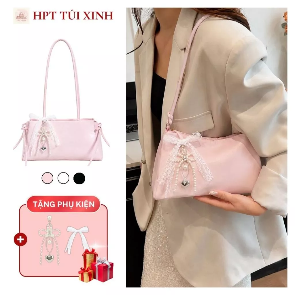𝐂𝐓𝟎𝟏𝟑 - Túi xách nữ đeo vai da PU cao cấp, túi tote nữ charm nơ ngọc trai phối ren phong cách Hàn Quốc
