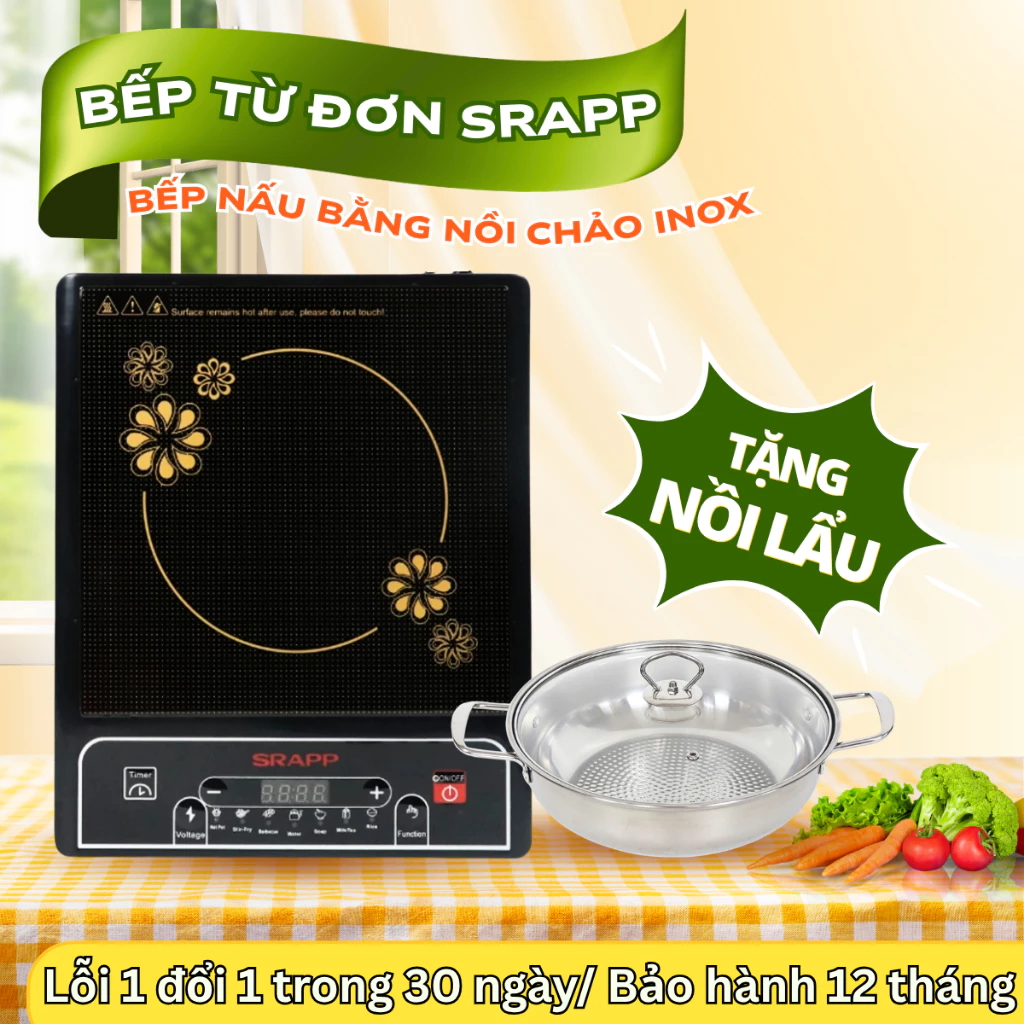 Bếp từ SRAPP 205 công suất 2000W tặng kèm nồi Inox, bếp điện 7 chế độ nấu tiết kiệm điện bảo hành12T