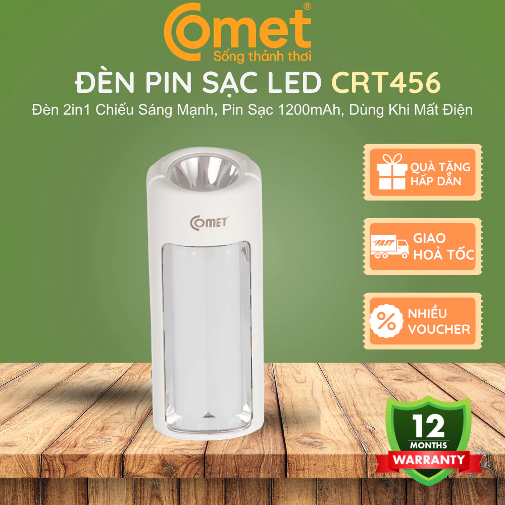 [ HỎA TỐC HCM ] Đèn Pin Sạc LED Comet CRT456 – Đèn Chiếu Sáng 2in1 Công Suất Cao, Pin 1200mAh Bền Bỉ, Dùng Khi Mất Điện