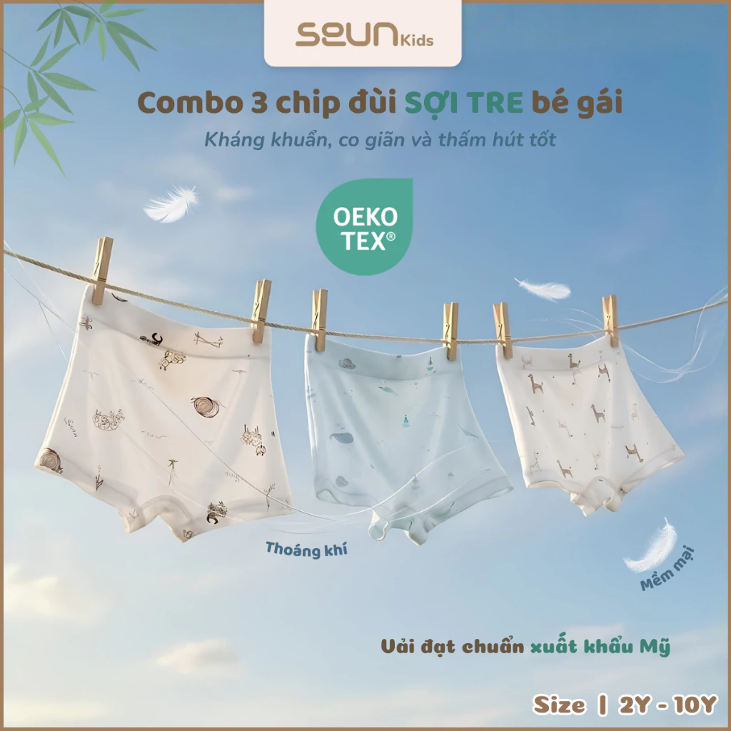 | SEUN KIDS | Combo 3 quần chip đùi sợi tre cho bé gái chuẩn OEKO TEX xuất Mỹ kháng khuẩn 8-35kg quần lót trẻ em