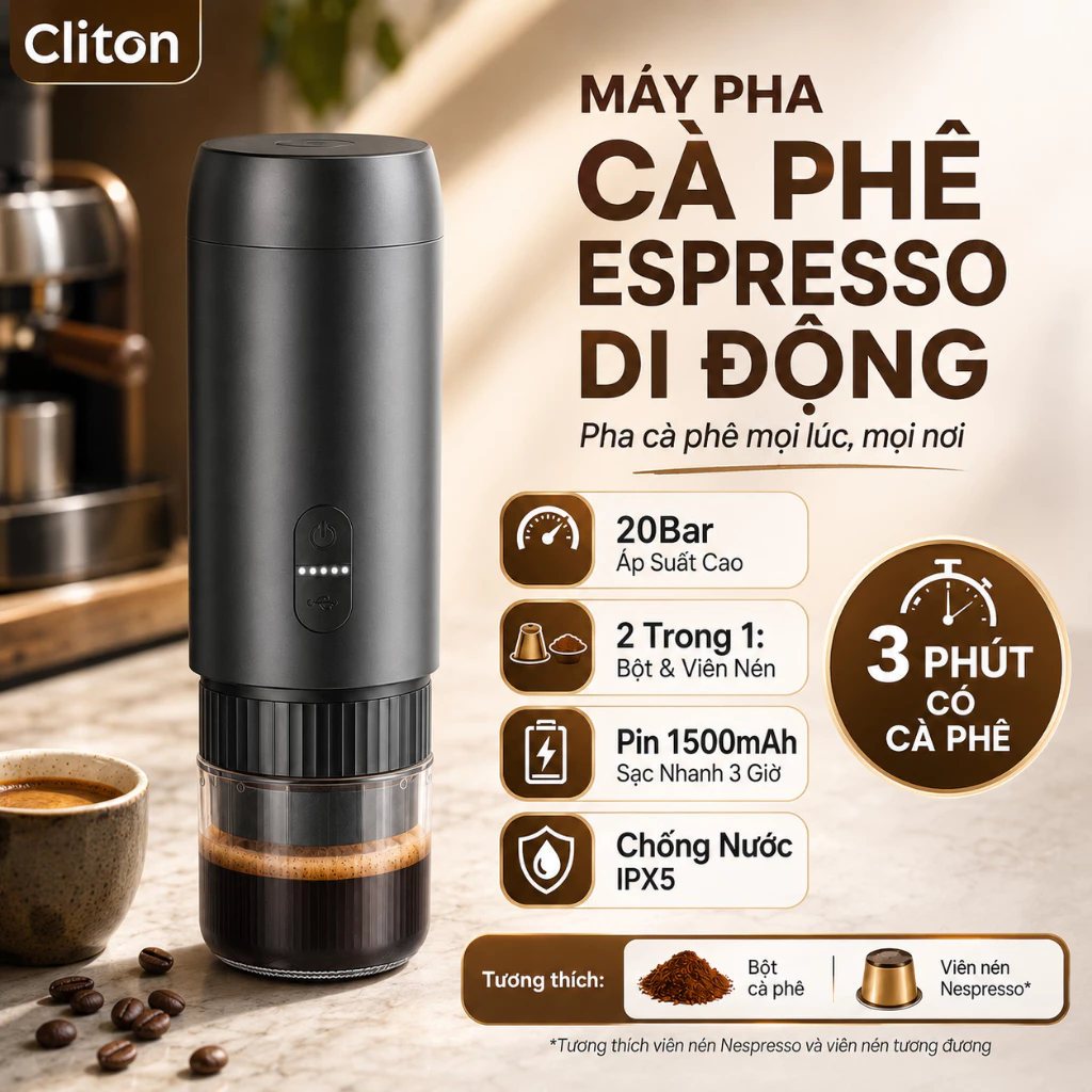 Cliton Máy pha cà phê espresso cầm tay  áp suất 20 bar, dễ vệ sinh, hỗ trợ pha cà phê bột/cà phê viên nén