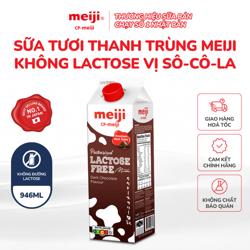 Sữa Tươi Thanh Trùng Meiji Nhật không đường sữa Lactose, vị Dark Chocolate 946ml - 1 hộp