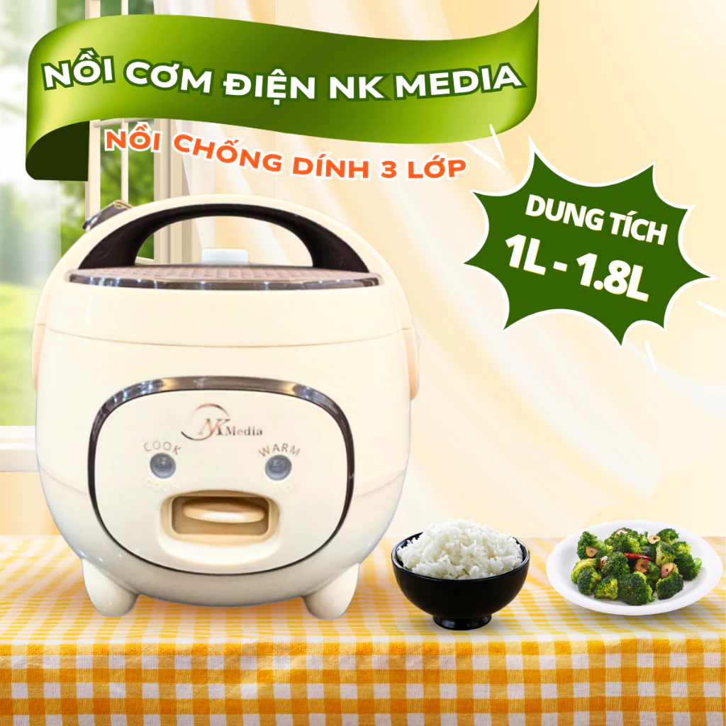 Nồi cơm điện NK MEDIA dung tích 1L- 1.8L, nồi nấu cơm nhanh lòng nồi chống dính 3 lớp bảo hành 12T