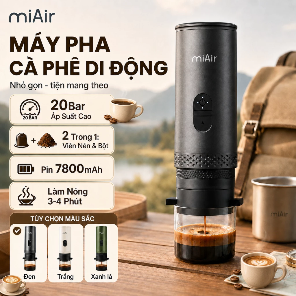 miAir Máy pha cà phê cầm tay làm nóng, chiết xuất áp suất cao, viên nang/bột cà phê đa năng