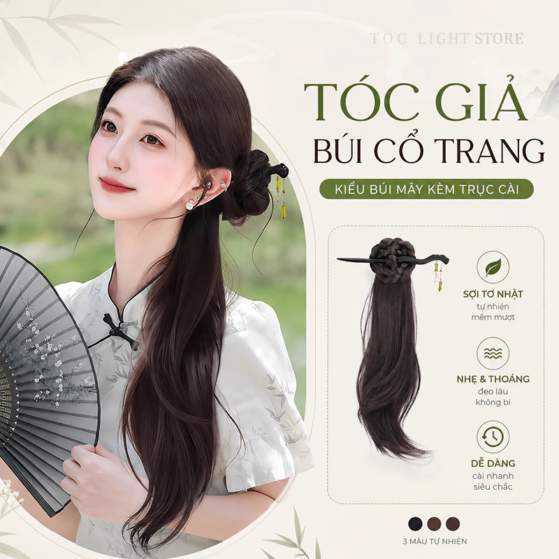 Tóc giả dài 50cm phong cách Trung Hoa hiện đại – Kẹp tóc giả cổ trang kèm trâm cài , sườn xám, tạo kiểu đuôi cổ trang