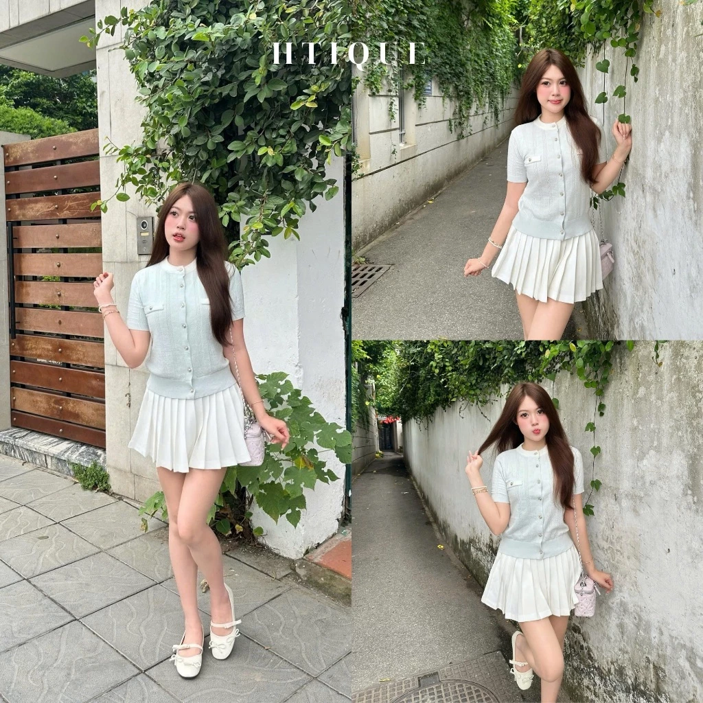 HTIQUE - Áo Cardigan Dệt Kim đục lỗ Mỏng Thoáng Khí,Áo Len Cộc Tay Phối Túi Đính Nút Ngọc AT33