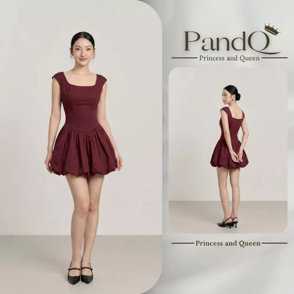 Váy xòe nữ P&Q cổ vuông dáng chữ A tùng phồng quả bí màu đỏ đô đi chơi hẹn hò | vd0138