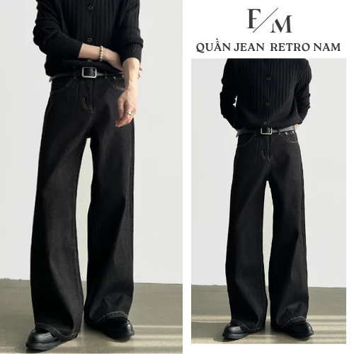 Quần Jean Suông Nam Retro Chỉ Nổi Dáng Rộng Quần Bò Ống Đứng Lưng Cao Unisex Denim Dày Dặn Bigsize