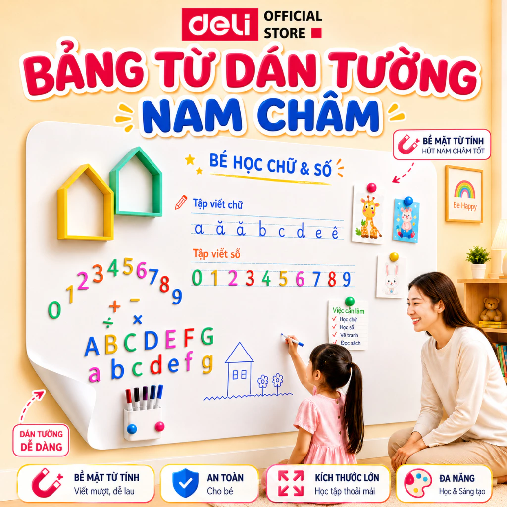 Bảng Từ Trắng Dán Tường Deli - Hút Nam Châm Viết Bút Lông Bảng Dày Dặn Nhiều Kích Thước