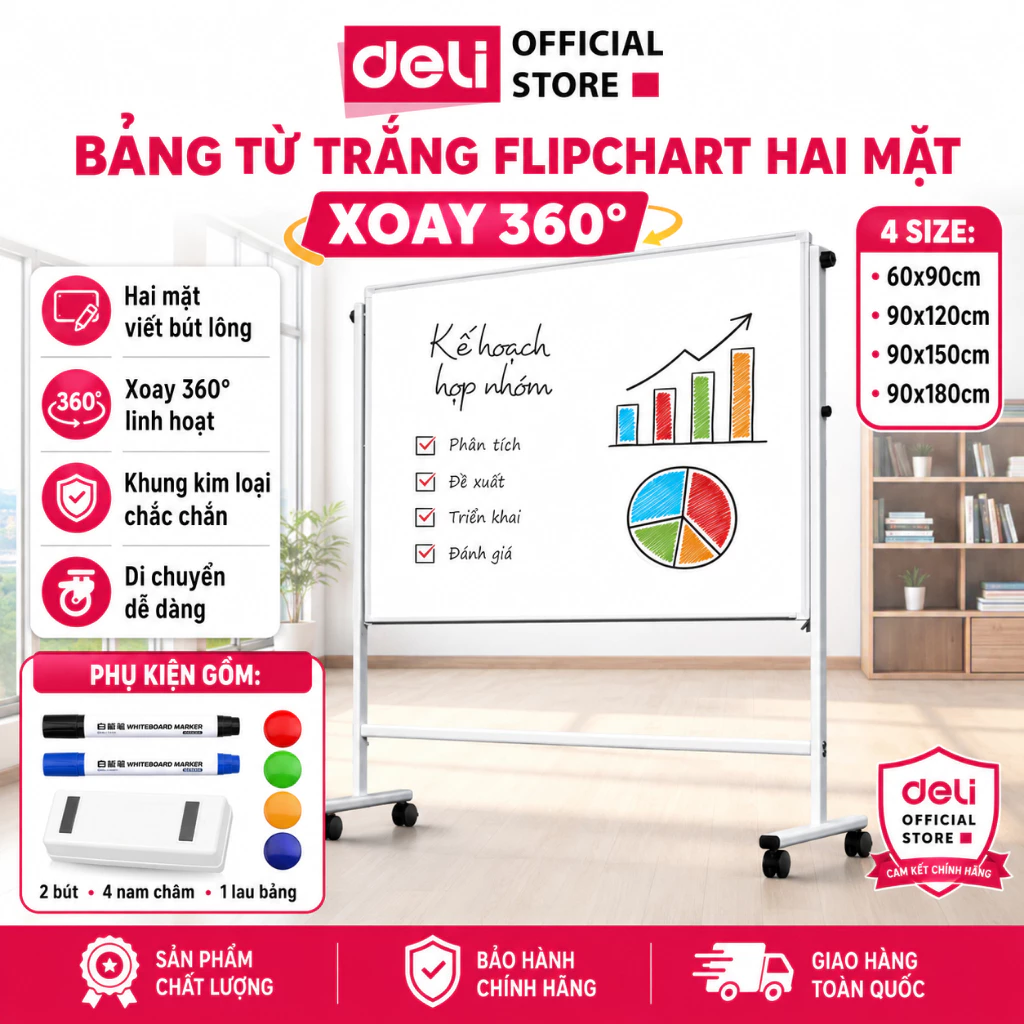 Bảng Từ Trắng FlipChart Hai Mặt Deli Viết Bút Lông Bảng Xoay 360 Độ Chân Di Động