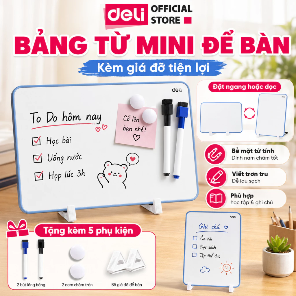 [VOUCHER 60K] Bảng Từ Trắng 2 Mặt Để Bàn Deli Bảng Từ Tính Học Sinh Văn Phòng Bảng Từ Viết Bút Lông Nhiều Kích Thước