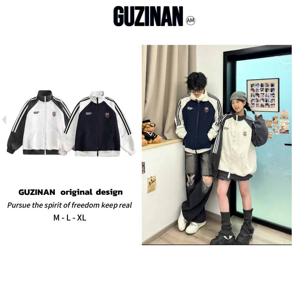 Áo Khoác Nỉ Zip Phối 3 Sọc Phong Cách GUZINAN  Chất Liệu Nỉ 2 Da Mềm Mịn Fom Boxy Rộng Nam Nữ Giặt Tay hoặc Giặt Máy