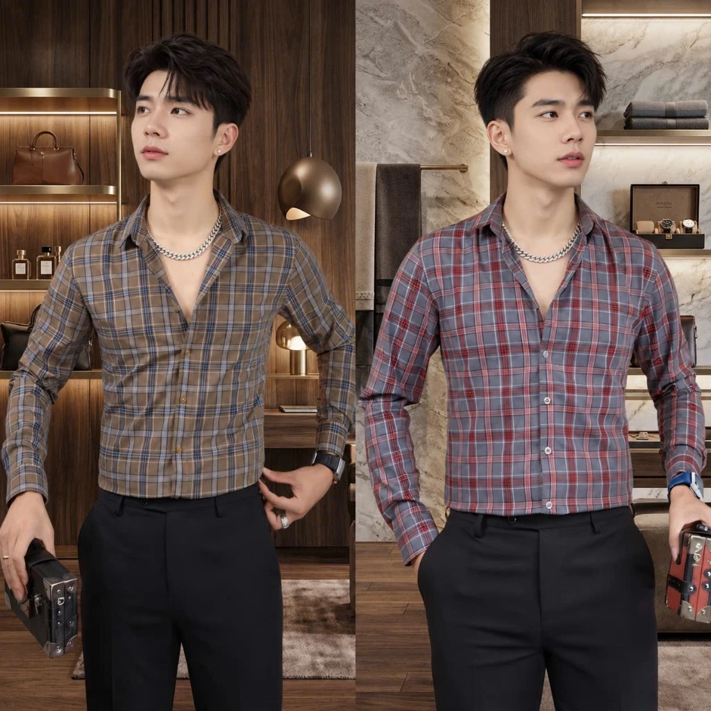 Áo sơ mi nam dài tay phối caro ô nhỏ cao cấp From Slimfit chất lụa 3d mẫu mới HOT BOUTIQUE_MENSWEAR