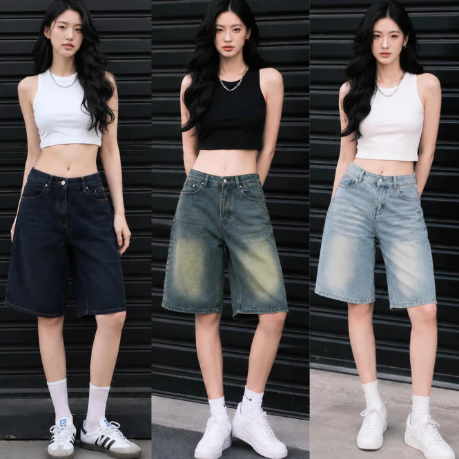 Quần Short Jean Nữ Ống Rộng Lửng Culottes Lưng Cao Form Suông Cá Tính QJ878