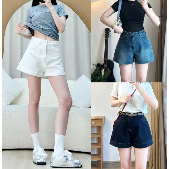 Quần Short Jean Nữ Lưng Cao Ống Rộng Basic Tôn Dáng Hàn Quốc QJ879