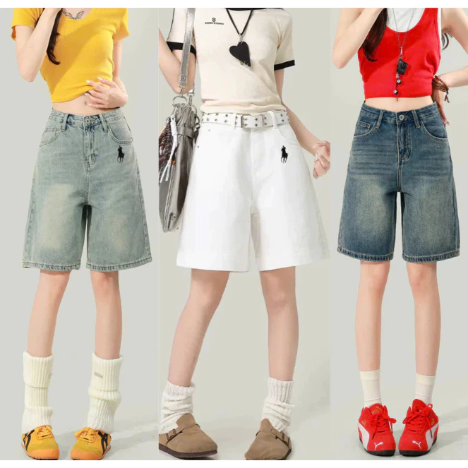 Quần Short Jean Nữ Ống Rộng Lửng Thêu Logo Form Suông Hàn Quốc QJ880