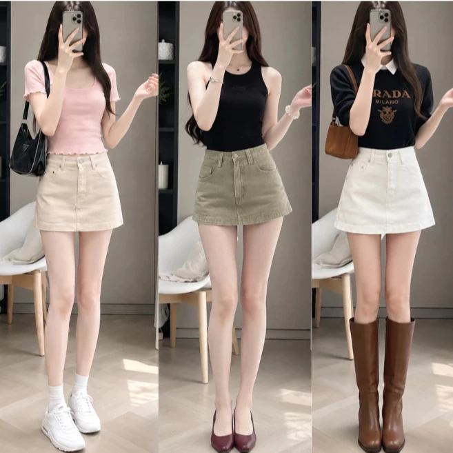 Chân Váy Jean Chữ A Lưng Cao Basic Màu Trơn Hàn Quốc CVJ922
