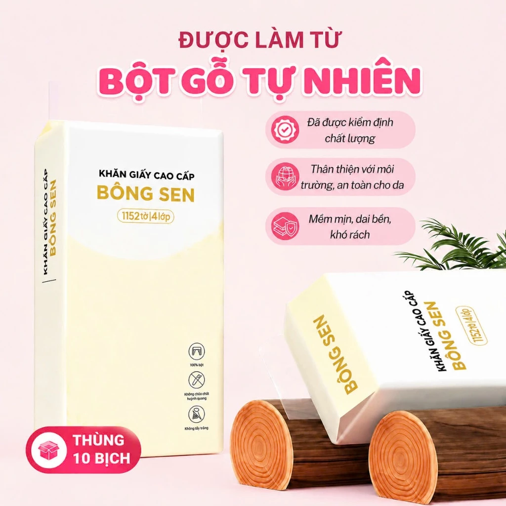 Thùng 10 Bịch Khăn Giấy Rút Bông Sen Giấy 4 Lớp Loại 1 ,1125 Tờ Tặng 4 Móc Treo Tường