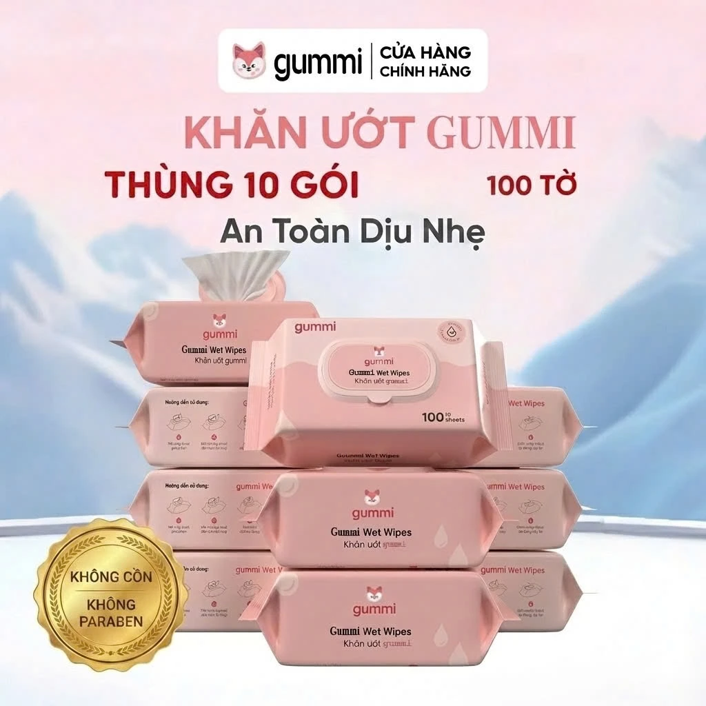 Thùng 10 Gói Khăn Lau Ướt Đa Năng GUMMI 100 Cao Cấp Không Chứa Cồn