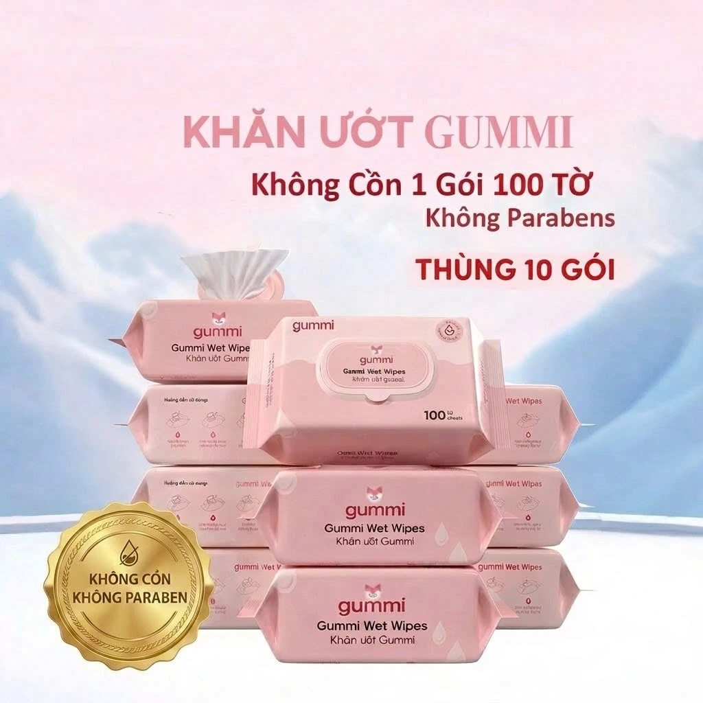 Thùng 10 Gói Khăn Ướt Đa Năng GUMMI 100 Tờ Cao Cấp Không Cồn Hàng Loại 1
