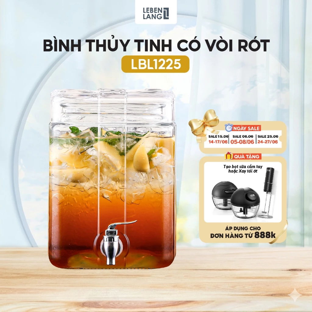 Bình Nước Thủy Tinh Vuông Có Vòi 5.6L Lebenlang LBL1225 – Thủy Tinh Dày 6mm, đường kính 17.5cm, Nắp Rời Dễ Vệ Sinh