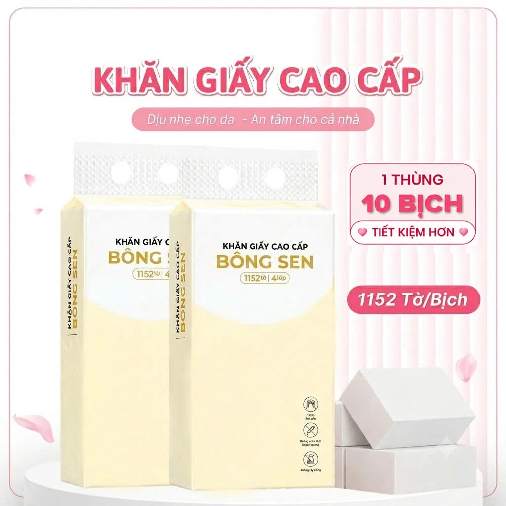 Thùng 10 Bịch Giấy Rút Treo Tường Bông Sen 1200 Tờ 4 Lớp, Tặng Kèm 6 Móc Treo Tường