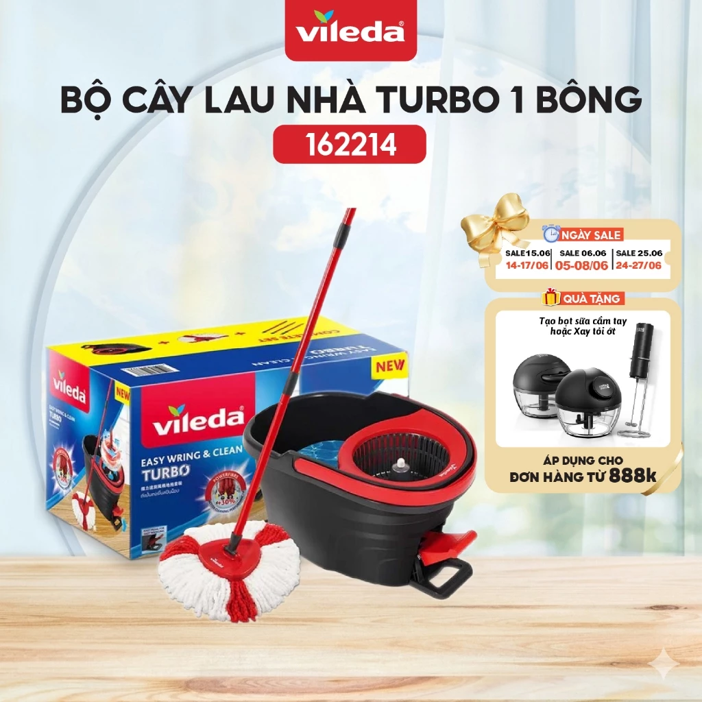 Cây lau nhà Turbo VILEDA, đầu lau tam giác, xô giặt quay bằng chân Turbo Easy Wring&Clean - 162214