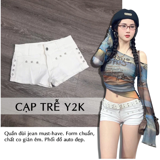 Quần Short Jean Nữ Cạp Trễ Y2K Đính Đinh Cá Tính Hot Trend QJ886