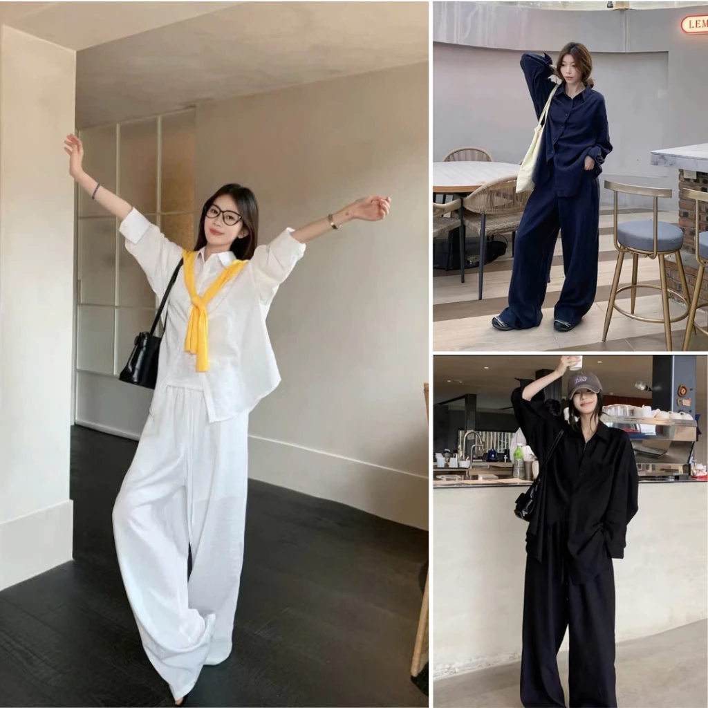 Set đồ bộ 3 sơ mi form rộng - Bộ đồ nữ chất đũi mềm mát đi chơi đi biển B47