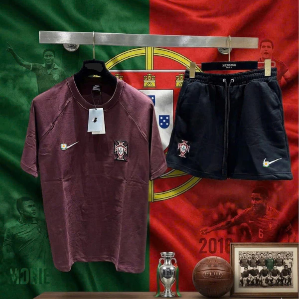 Bộ Cộc nam mùa hè CLB Tuyển Bồ Đào Nha Màu Đỏ WC 2026 - Sét Bộ cộc tay ngắn Zip Nam Thêu