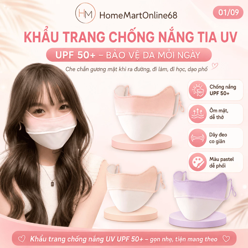Khẩu Trang Chống Nắng UV UPF50+ HomeMartOnline68 - Khẩu Trang Thời Trang Nữ, Mềm Mại, Thoáng Khí, Chống Tia UV