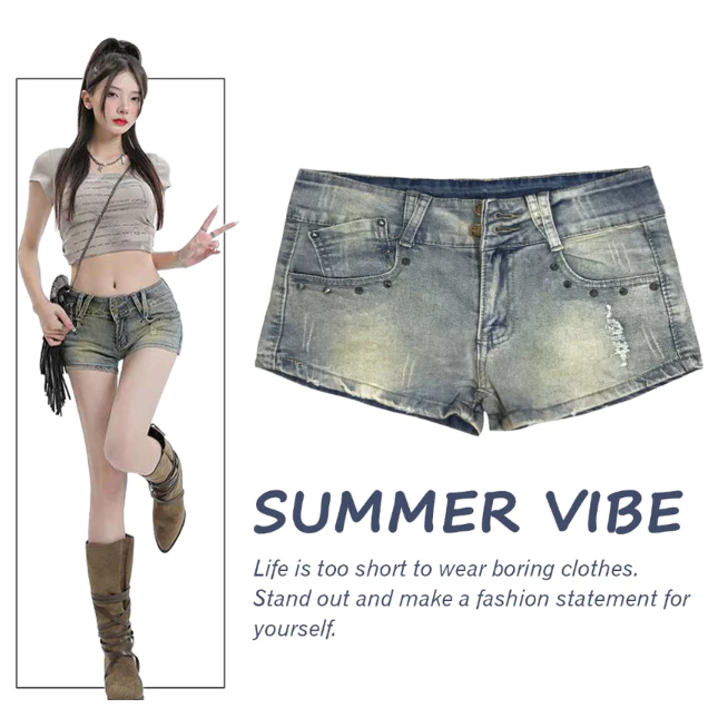 Quần Short Jean Nữ Cạp Trễ Wash Bụi Đính Đinh Y2K Cá Tính QJ889