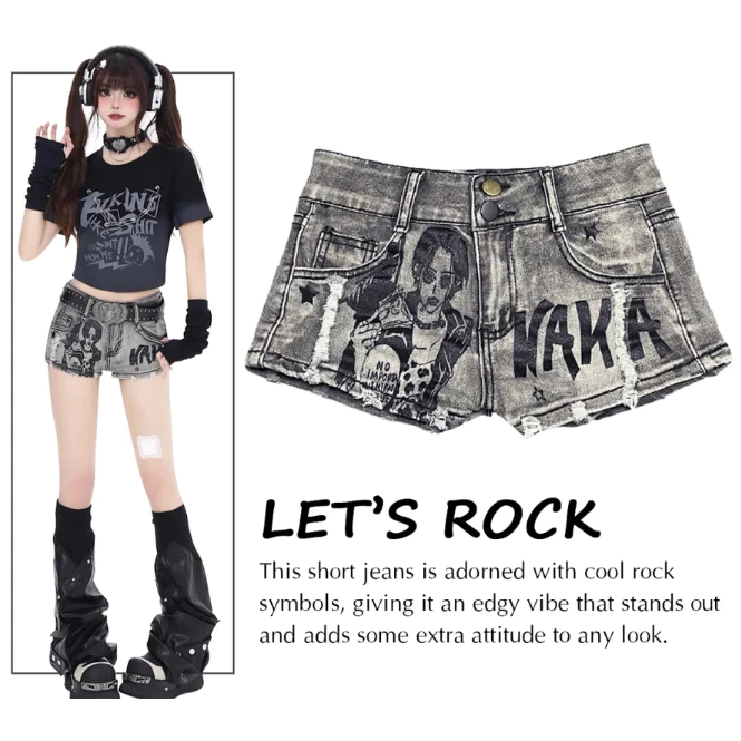 Quần Short Jean Nữ Y2K In Họa Tiết Rock Streetwear Cá Tính QJ890