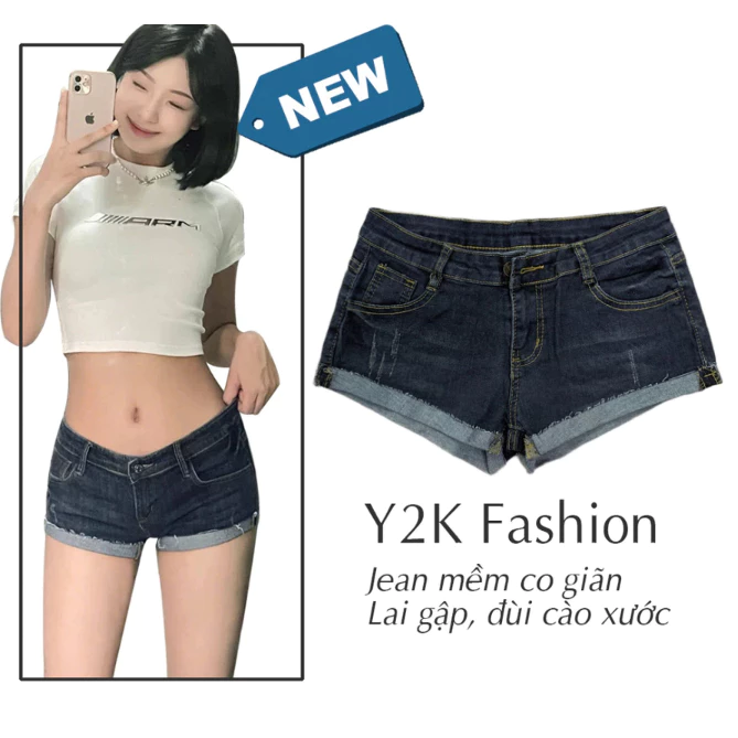 Quần Short Jean Nữ Cạp Trễ Lai Gập Co Giãn Phong Cách Y2K QJ891
